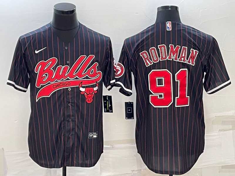 Mens Chicago Bulls #91 Dennis Rodman Black Pinstripe With Patch Cool Base Stitched Baseball Jersey
